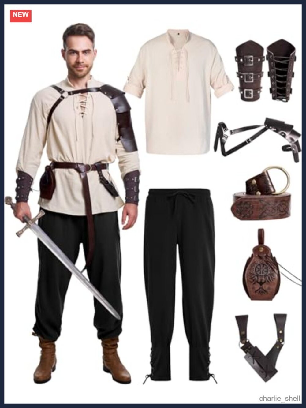 Men's Renaissance Medieval Pirate Costume Set Shirt Pants Belt Bracers 8 Pcs